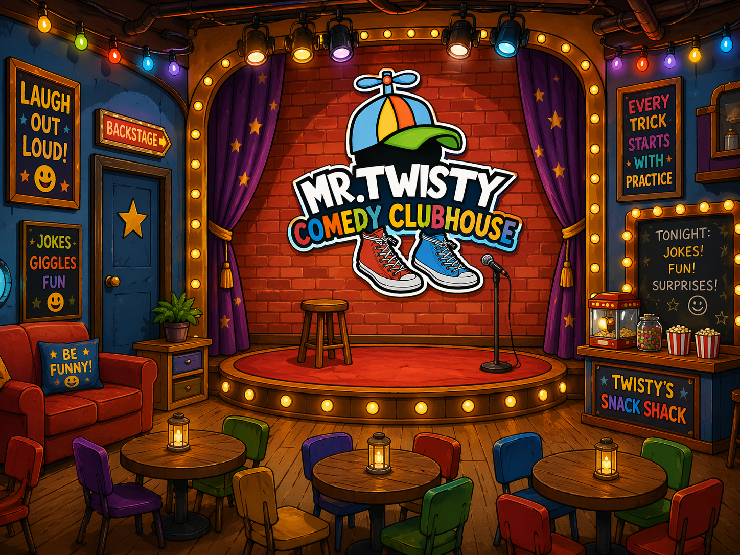 Mr. Twisty's Comedy Clubhouse - a painted clubhouse interior with a stage, red curtains, microphone, comedy signs on the wall, and tables with colorful chairs